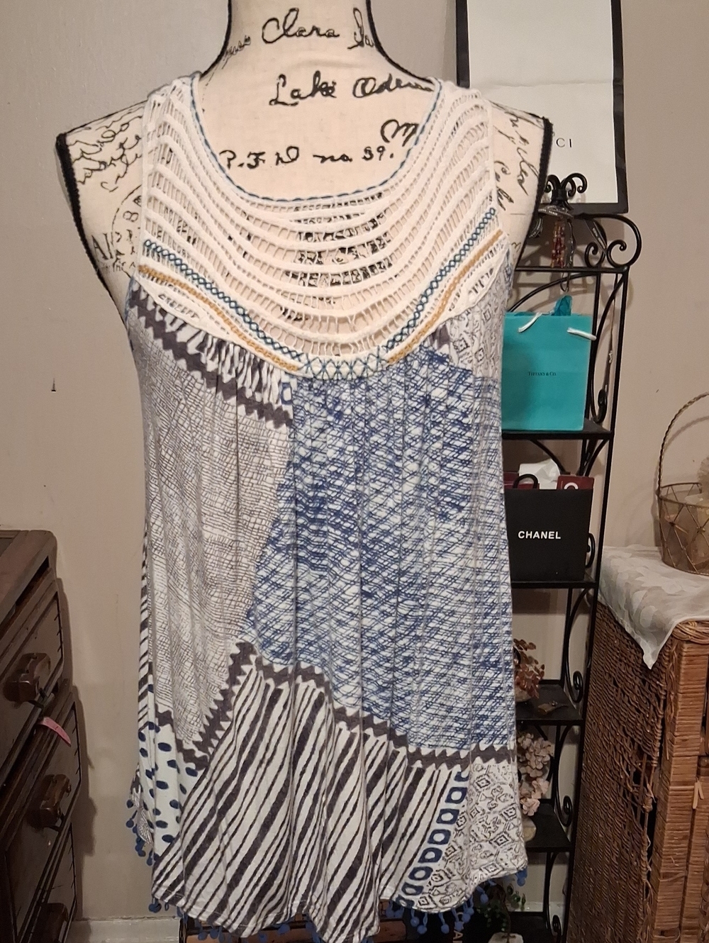 Anthropologie One September Blue & White Crochet Yoke Swing Top Pom-poms XS